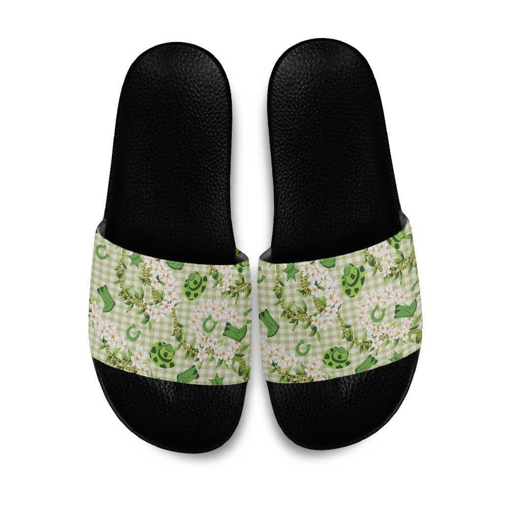 Mokihana Maile Ilima Leis Paniolo Palaka Slide Sandals Hawaiian Omaomo Ala Spirit LT9 Green - Polynesian Pride