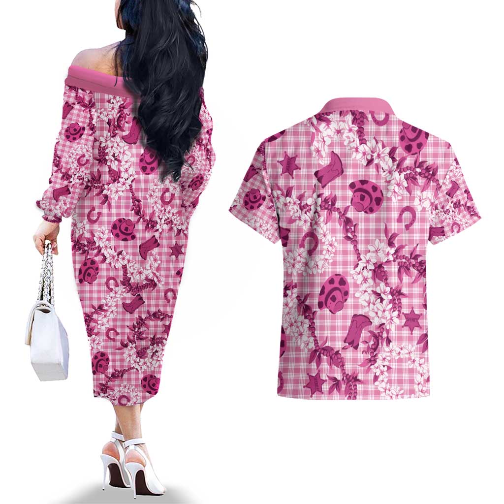 Mokihana Maile Ilima Leis Paniolo Palaka Couples Matching Off The Shoulder Long Sleeve Dress and Hawaiian Shirt Hawaiian Omaomo Ulaula Spirit - Polynesian Pride