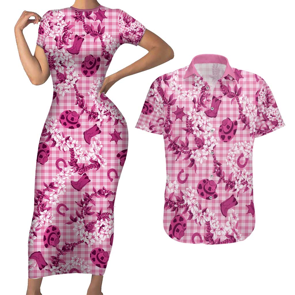 Mokihana Maile Ilima Leis Paniolo Palaka Couples Matching Short Sleeve Bodycon Dress and Hawaiian Shirt Hawaiian Omaomo Ulaula Spirit - Polynesian Pride