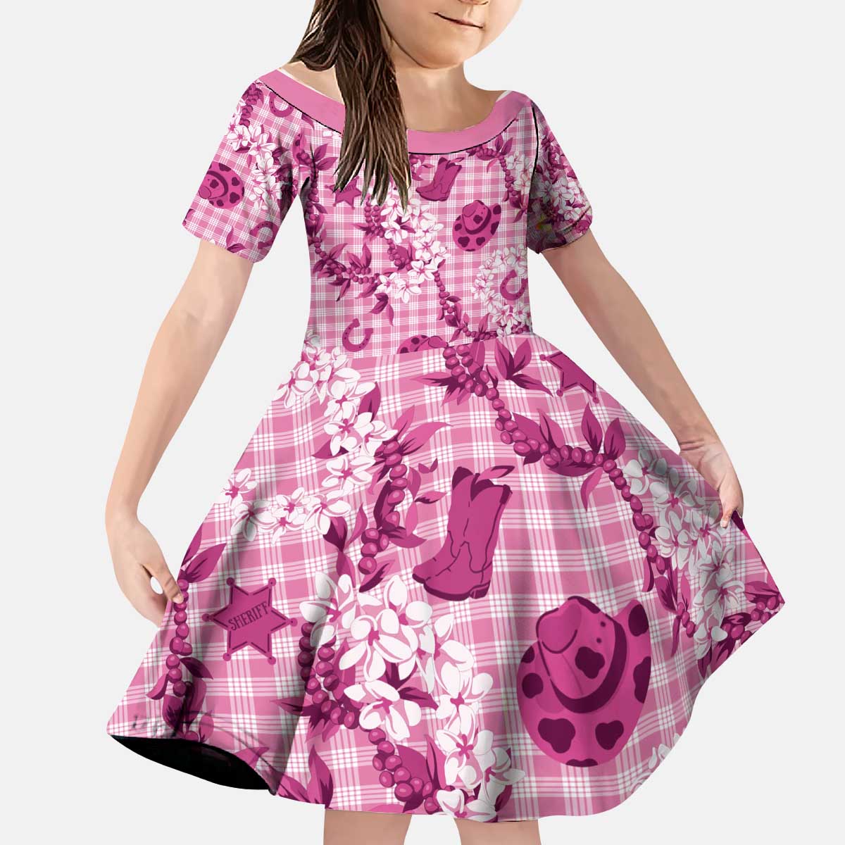 Mokihana Maile Ilima Leis Paniolo Palaka Kid Short Sleeve Dress Hawaiian Omaomo Ulaula Spirit - Polynesian Pride