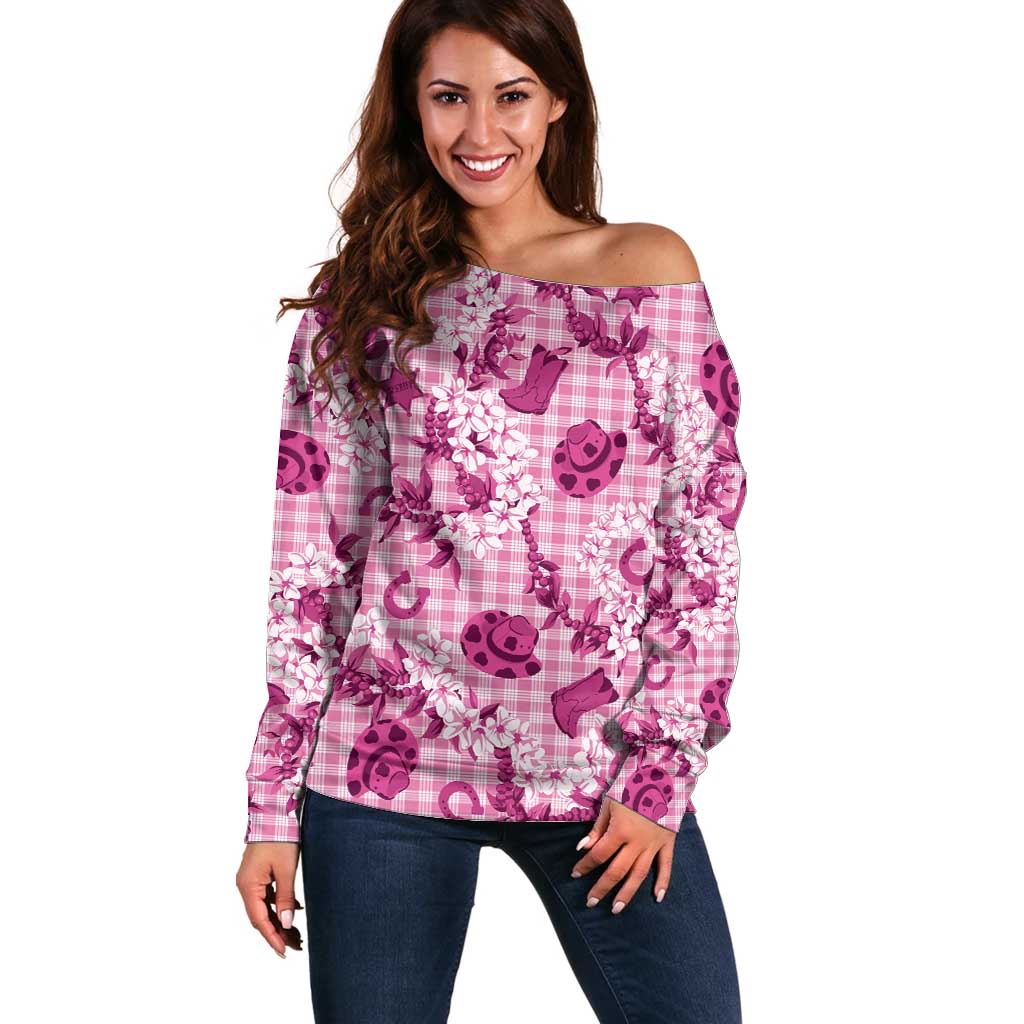 Mokihana Maile Ilima Leis Paniolo Palaka Off Shoulder Sweater Hawaiian Omaomo Ulaula Spirit - Polynesian Pride