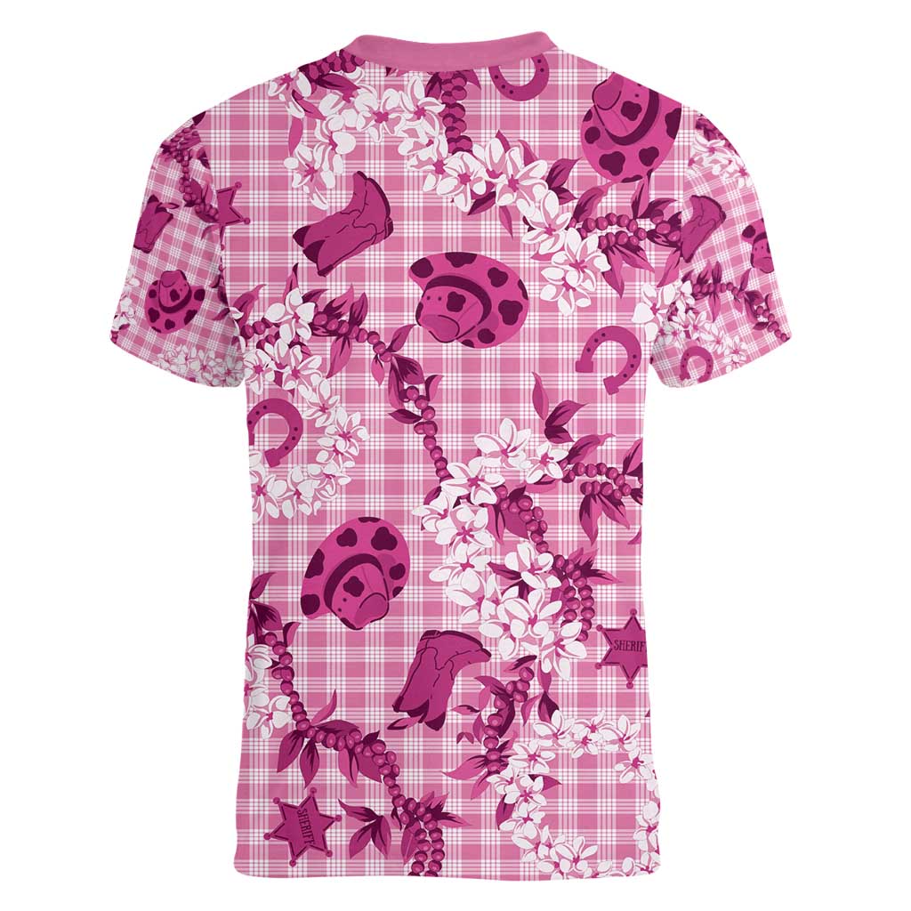 Mokihana Maile Ilima Leis Paniolo Palaka Women V-Neck T-Shirt Hawaiian Omaomo Ulaula Spirit - Polynesian Pride