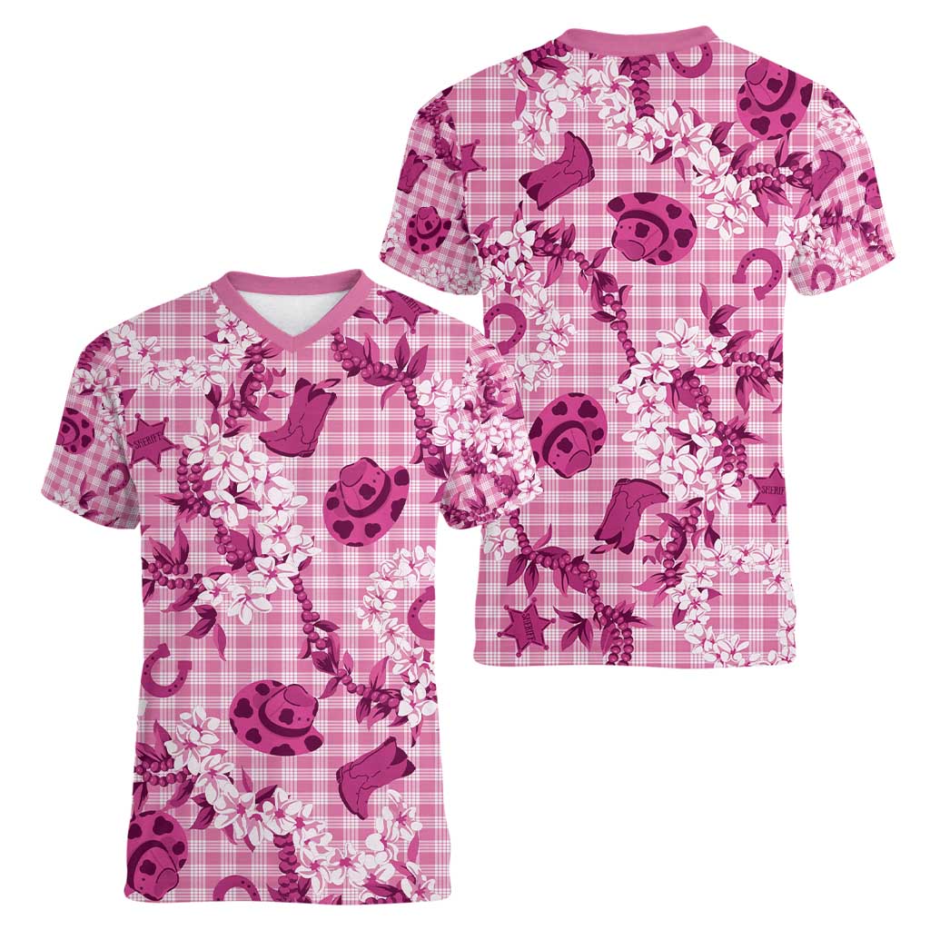 Mokihana Maile Ilima Leis Paniolo Palaka Women V-Neck T-Shirt Hawaiian Omaomo Ulaula Spirit - Polynesian Pride