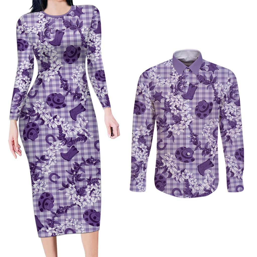 Mokihana Maile Ilima Leis Paniolo Palaka Couples Matching Long Sleeve Bodycon Dress and Long Sleeve Button Shirt Hawaiian Poni Spirit - Polynesian Pride