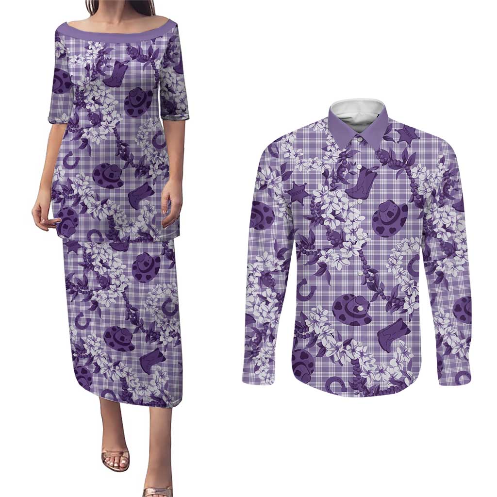 Mokihana Maile Ilima Leis Paniolo Palaka Couples Matching Puletasi and Long Sleeve Button Shirt Hawaiian Poni Spirit LT9 Purple - Polynesian Pride