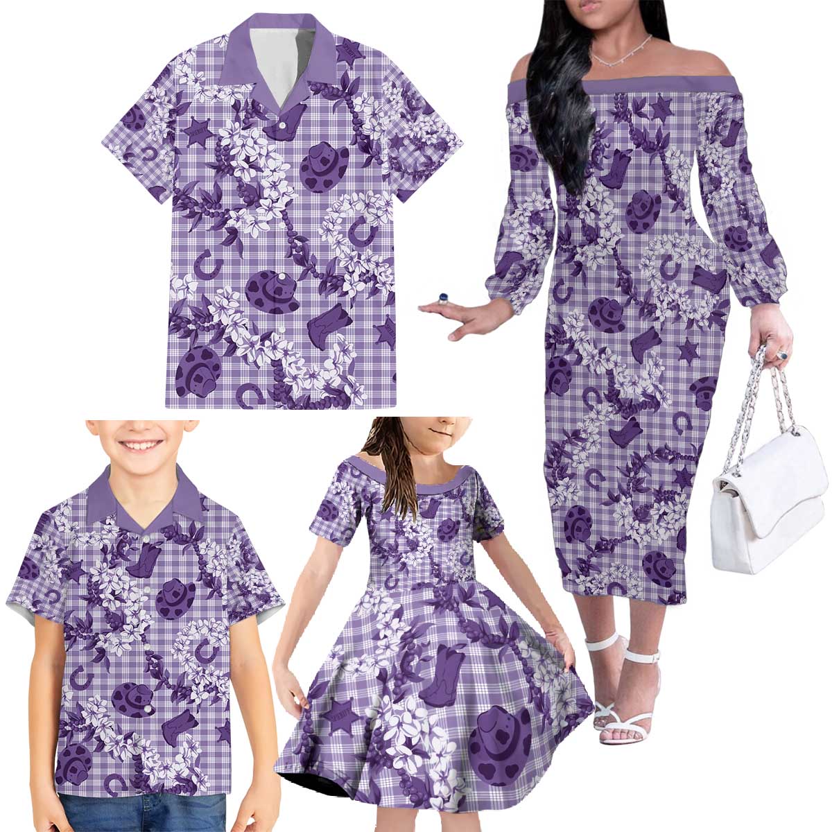 Mokihana Maile Ilima Leis Paniolo Palaka Family Matching Off The Shoulder Long Sleeve Dress and Hawaiian Shirt Hawaiian Poni Spirit - Polynesian Pride