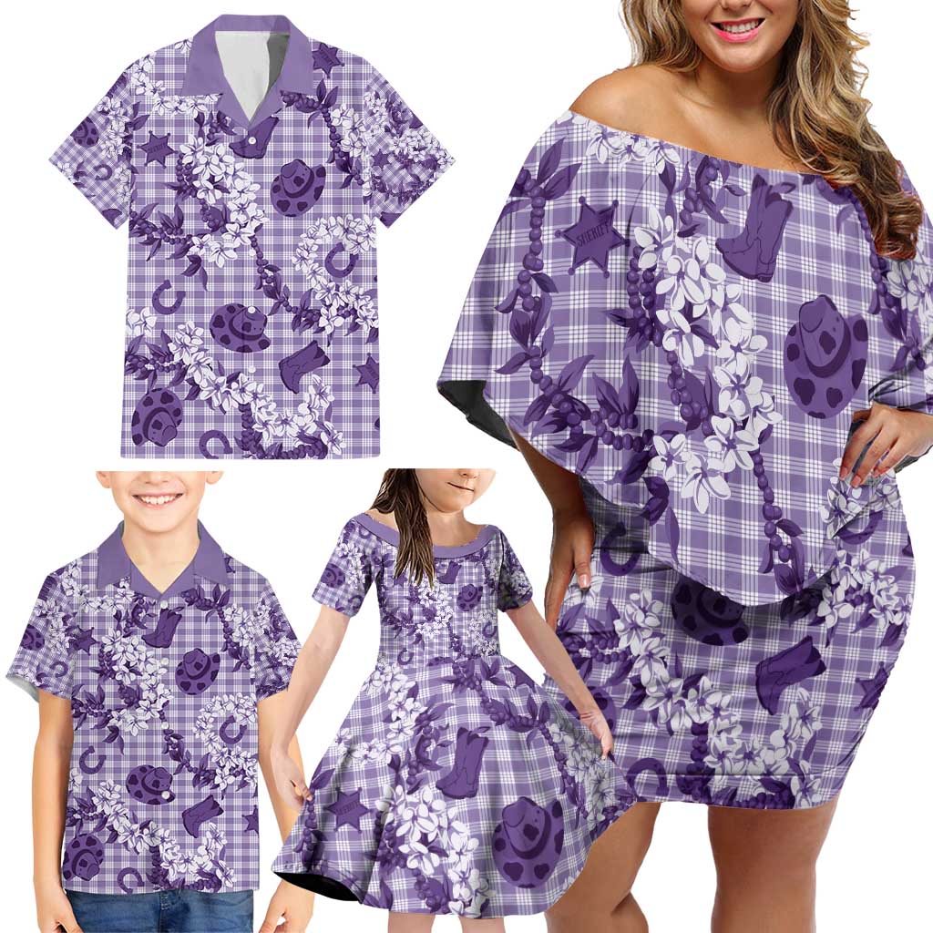 Mokihana Maile Ilima Leis Paniolo Palaka Family Matching Off Shoulder Short Dress and Hawaiian Shirt Hawaiian Poni Spirit - Polynesian Pride