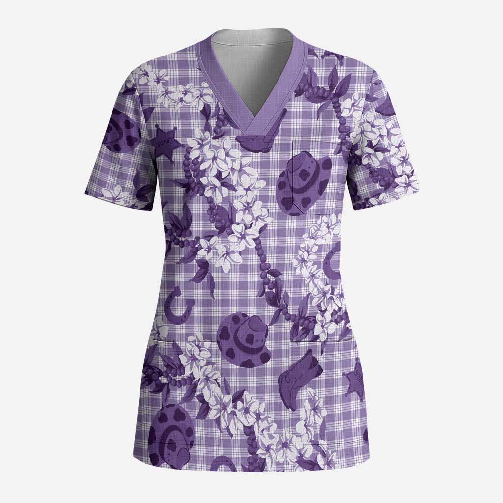 Mokihana Maile Ilima Leis Paniolo Palaka Scrub Top Hawaiian Poni Spirit LT9 Adult Purple - Polynesian Pride