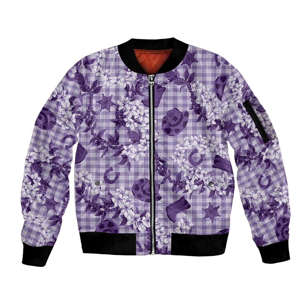 Mokihana Maile Ilima Leis Paniolo Palaka Sleeve Zip Bomber Jacket Hawaiian Poni Spirit LT9 Unisex Purple - Polynesian Pride