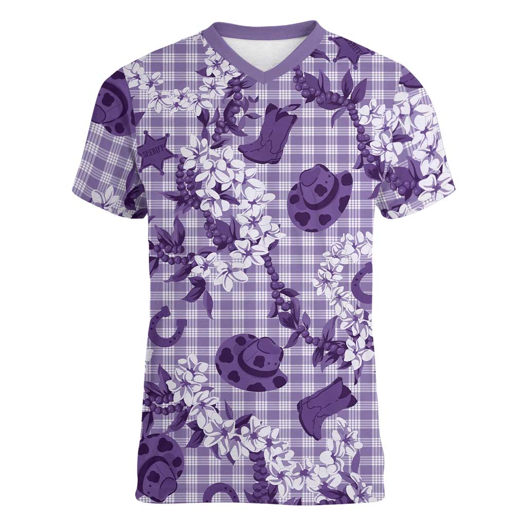 Mokihana Maile Ilima Leis Paniolo Palaka Women V-Neck T-Shirt Hawaiian Poni Spirit LT9 Female Purple - Polynesian Pride