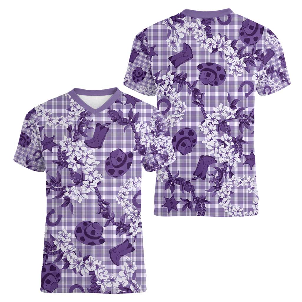 Mokihana Maile Ilima Leis Paniolo Palaka Women V-Neck T-Shirt Hawaiian Poni Spirit - Polynesian Pride