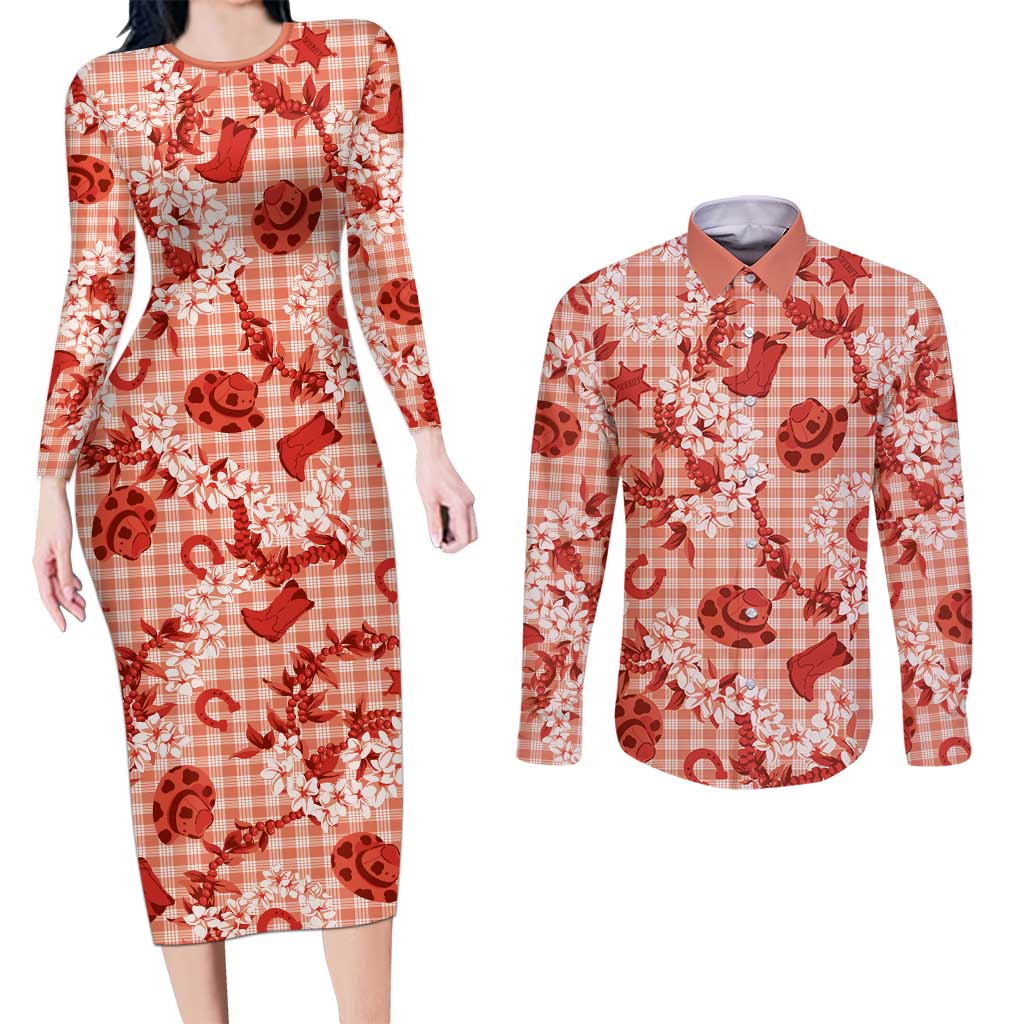 Mokihana Maile Ilima Leis Paniolo Palaka Couples Matching Long Sleeve Bodycon Dress and Long Sleeve Button Shirt Hawaiian Ulaula Spirit - Polynesian Pride