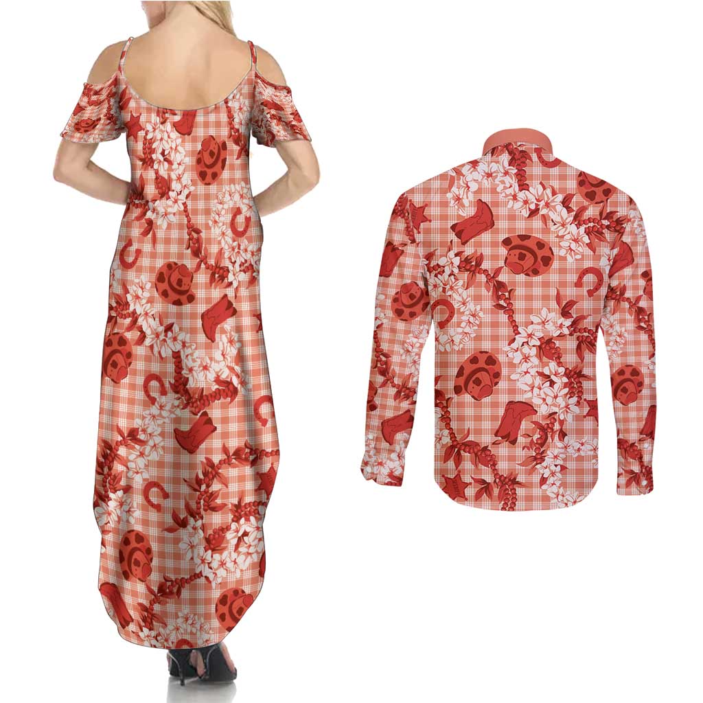 Mokihana Maile Ilima Leis Paniolo Palaka Couples Matching Summer Maxi Dress and Long Sleeve Button Shirt Hawaiian Ulaula Spirit - Polynesian Pride