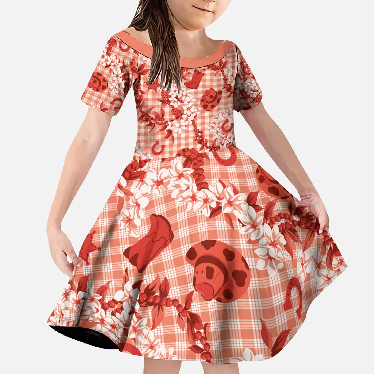 Mokihana Maile Ilima Leis Paniolo Palaka Family Matching Off The Shoulder Long Sleeve Dress and Hawaiian Shirt Hawaiian Ulaula Spirit - Polynesian Pride