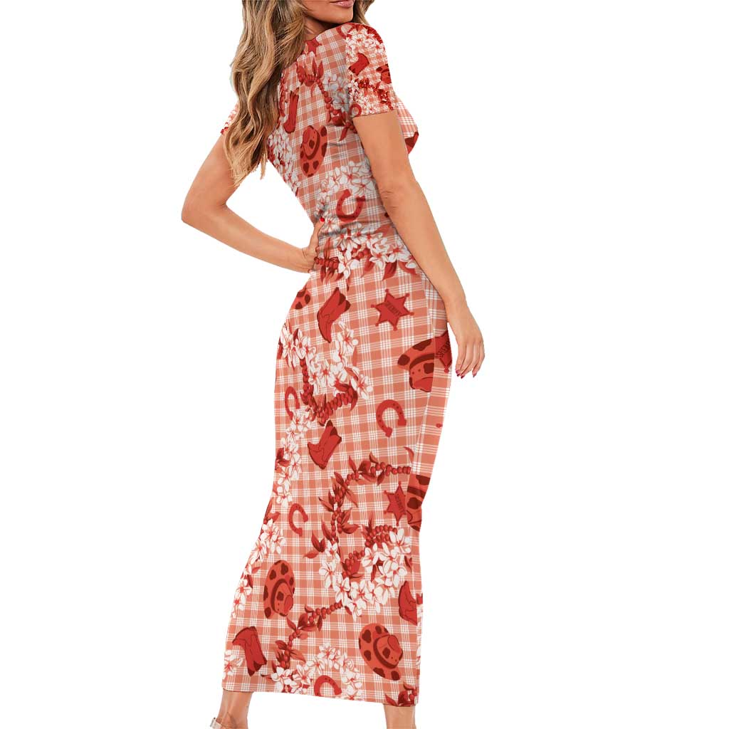 Mokihana Maile Ilima Leis Paniolo Palaka Family Matching Short Sleeve Bodycon Dress and Hawaiian Shirt Hawaiian Ulaula Spirit - Polynesian Pride