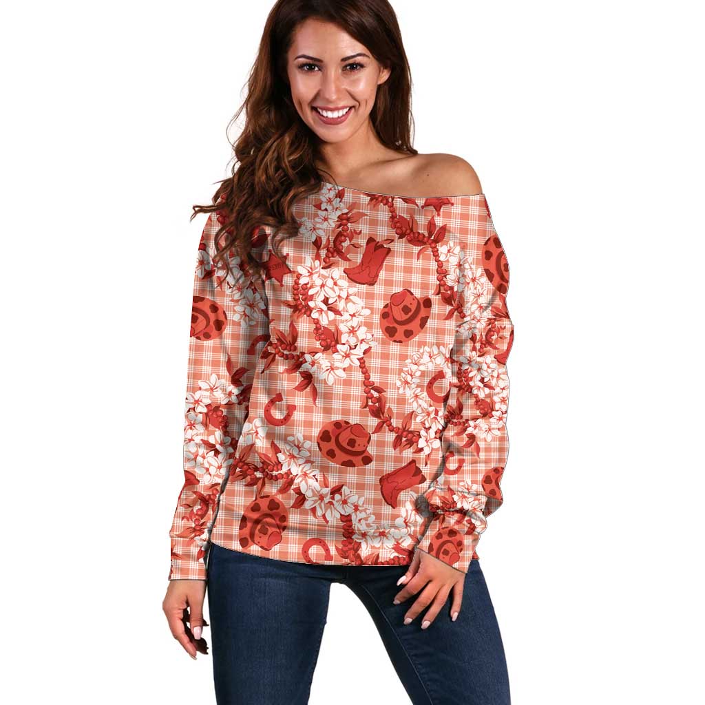 Mokihana Maile Ilima Leis Paniolo Palaka Off Shoulder Sweater Hawaiian Ulaula Spirit - Polynesian Pride