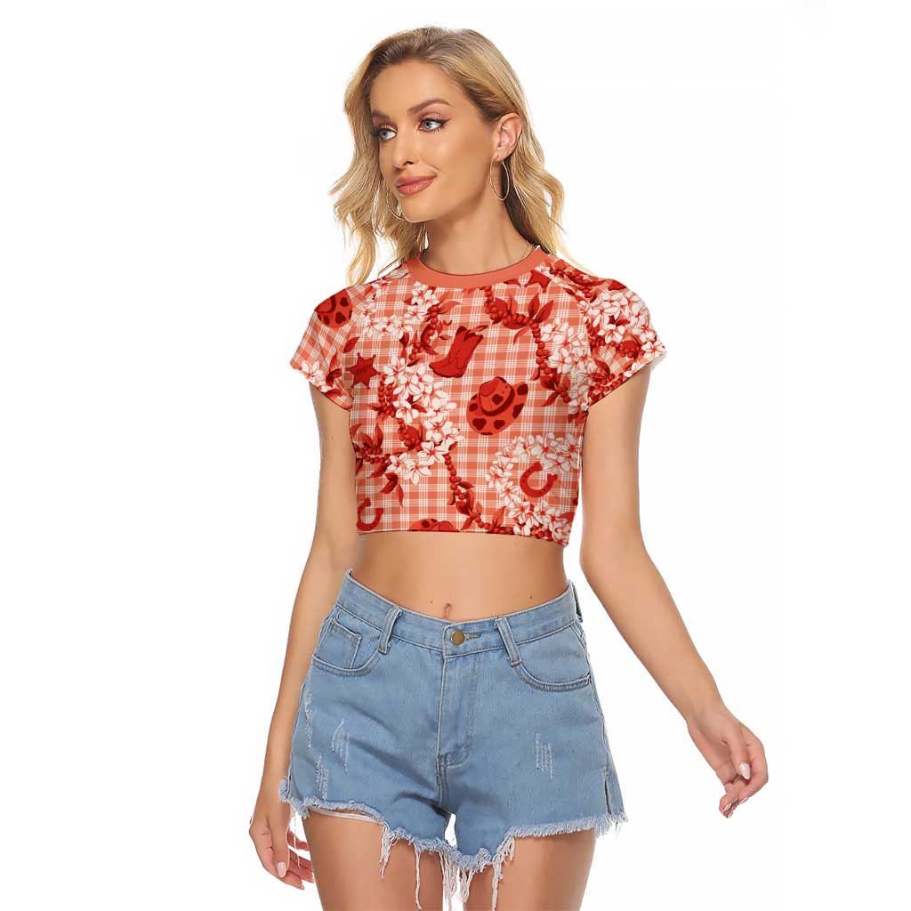 Mokihana Maile Ilima Leis Paniolo Palaka Raglan Cropped T Shirt Hawaiian Ulaula Spirit LT9 Female Red - Polynesian Pride