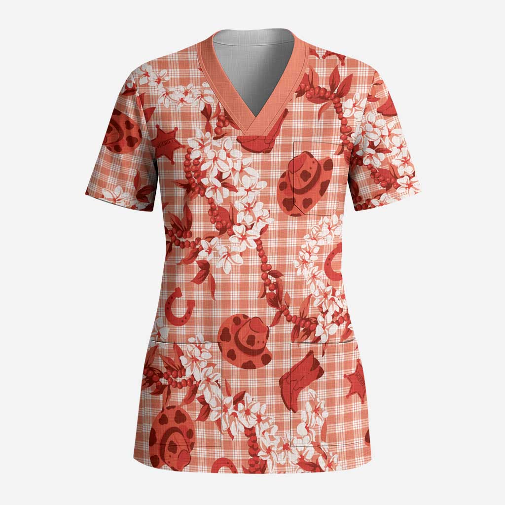 Mokihana Maile Ilima Leis Paniolo Palaka Scrub Top Hawaiian Ulaula Spirit LT9 Adult Red - Polynesian Pride