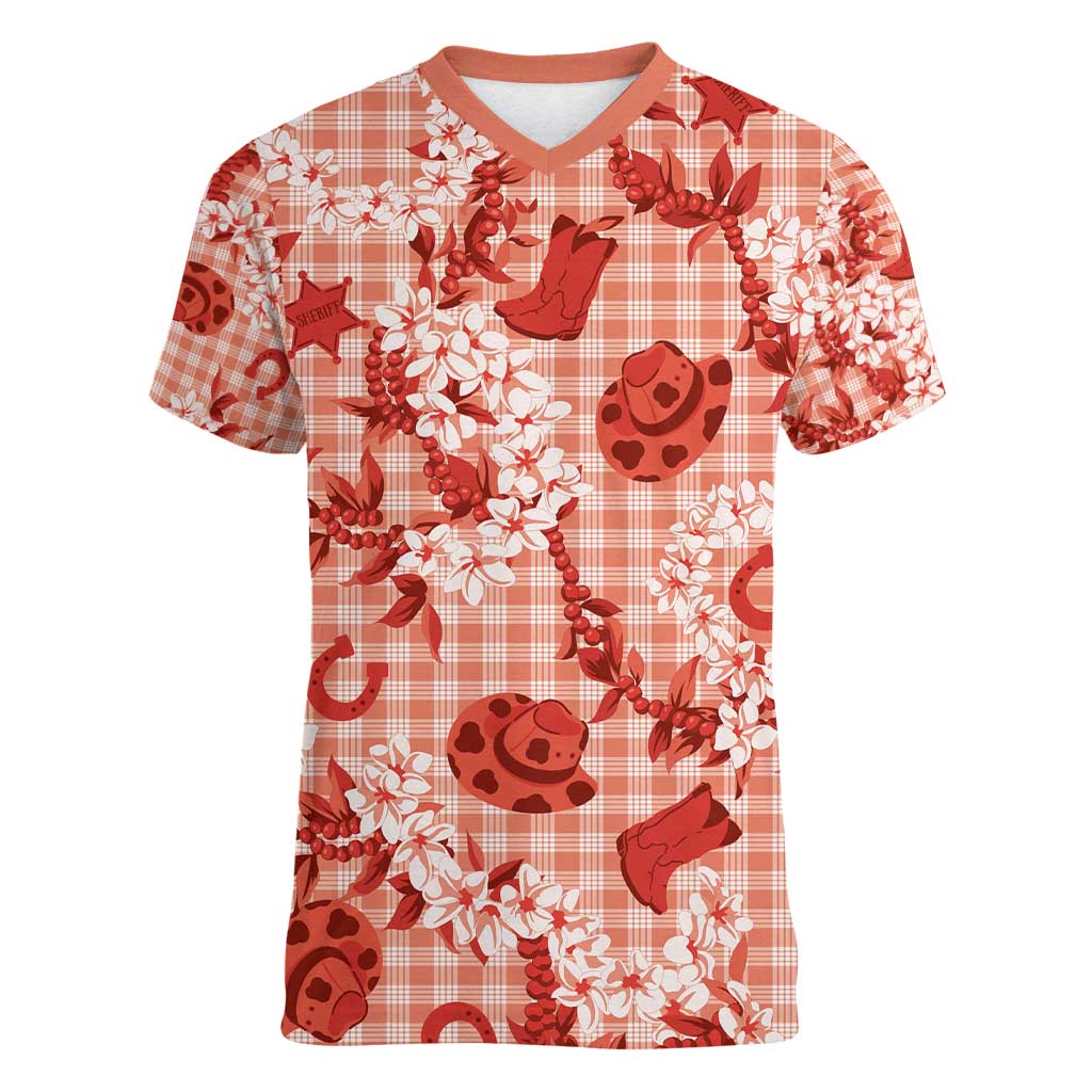 Mokihana Maile Ilima Leis Paniolo Palaka Women V-Neck T-Shirt Hawaiian Ulaula Spirit - Polynesian Pride