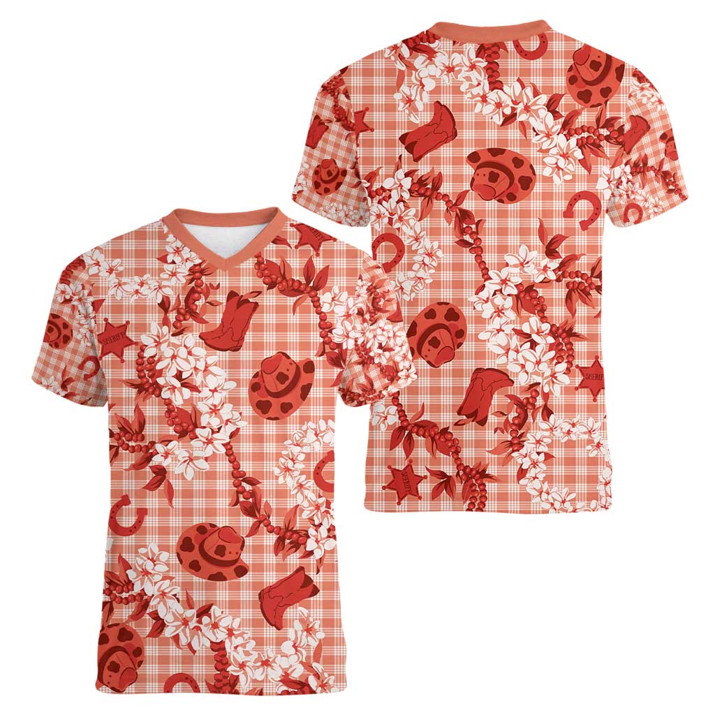 Mokihana Maile Ilima Leis Paniolo Palaka Women V-Neck T-Shirt Hawaiian Ulaula Spirit - Polynesian Pride