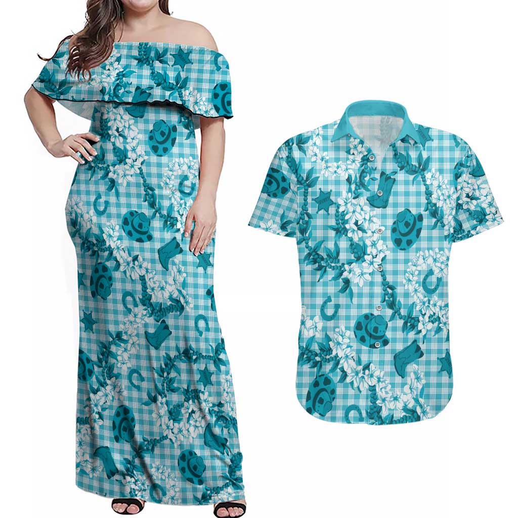Mokihana Maile Ilima Leis Paniolo Palaka Couples Matching Off Shoulder Maxi Dress and Hawaiian Shirt Hawaiian Polu Opa Spirit LT9 Turquoise - Polynesian Pride