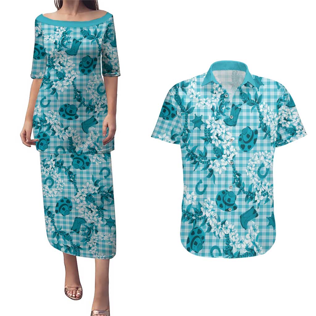 Mokihana Maile Ilima Leis Paniolo Palaka Couples Matching Puletasi and Hawaiian Shirt Hawaiian Polu Opa Spirit LT9 Turquoise - Polynesian Pride
