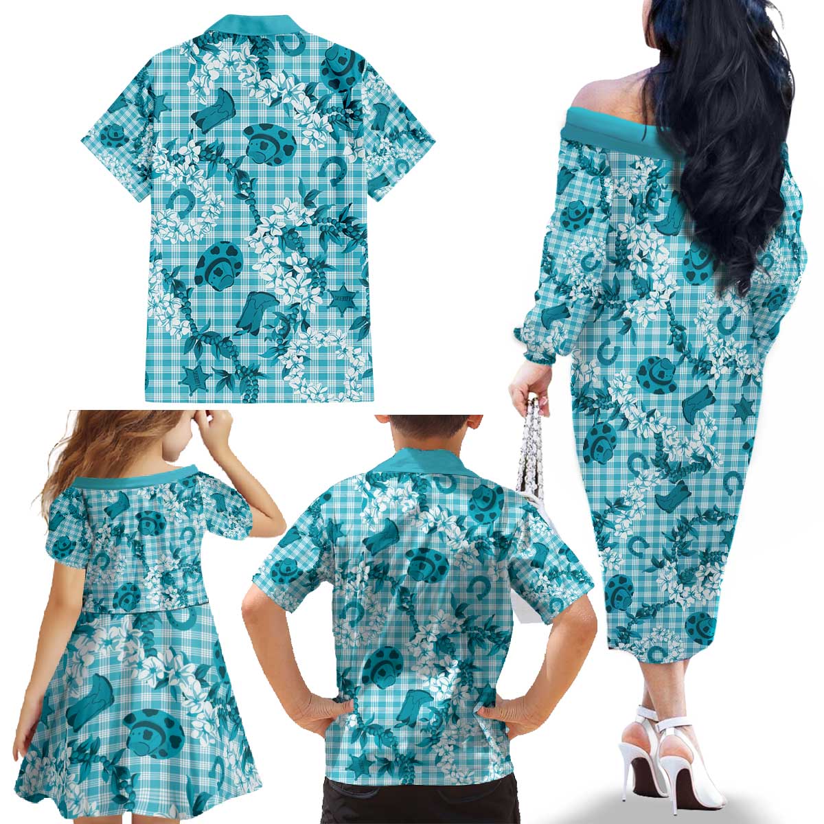 Mokihana Maile Ilima Leis Paniolo Palaka Family Matching Off The Shoulder Long Sleeve Dress and Hawaiian Shirt Hawaiian Polu Opa Spirit - Polynesian Pride