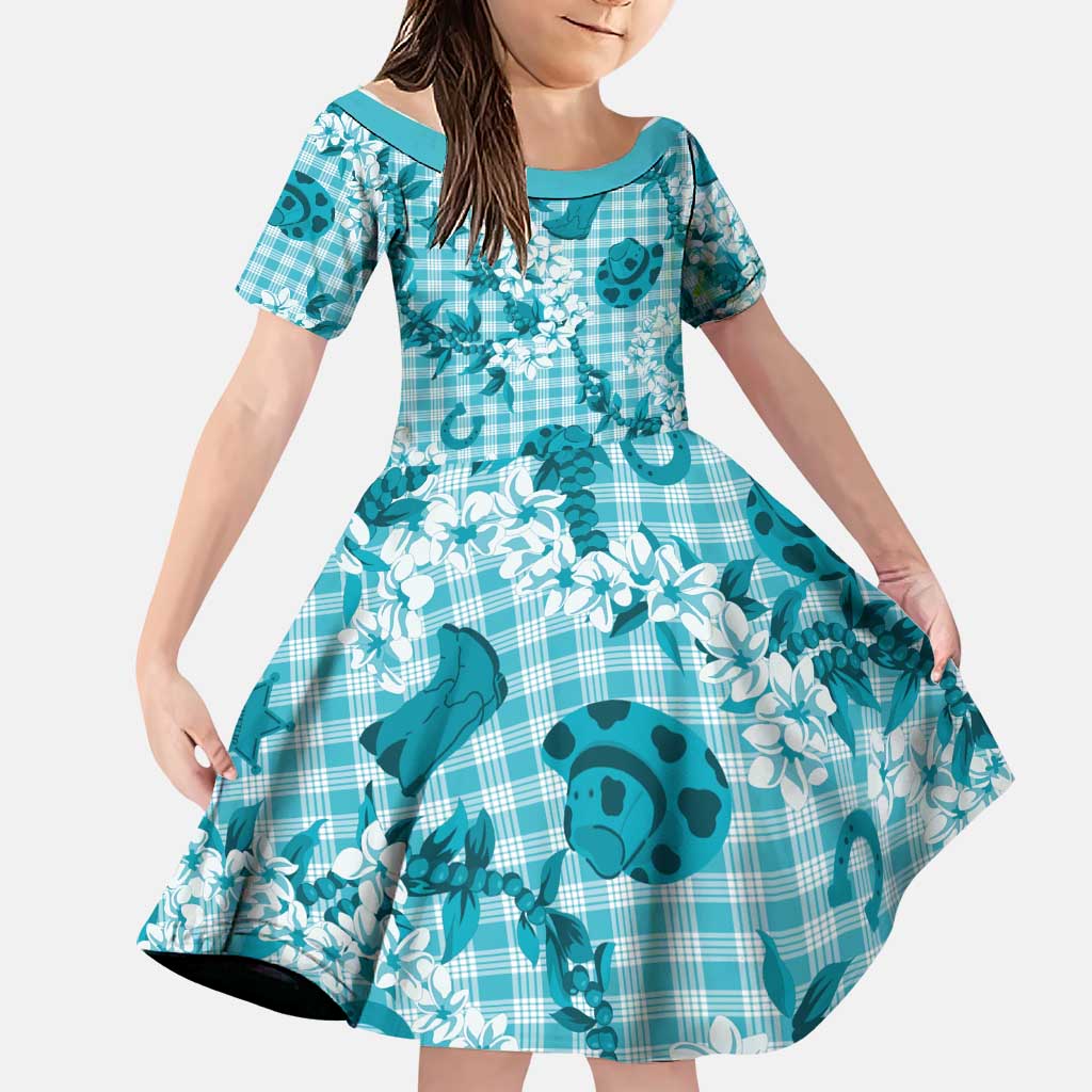 Mokihana Maile Ilima Leis Paniolo Palaka Family Matching Summer Maxi Dress and Hawaiian Shirt Hawaiian Polu Opa Spirit LT9 Daughter's Dress Turquoise - Polynesian Pride
