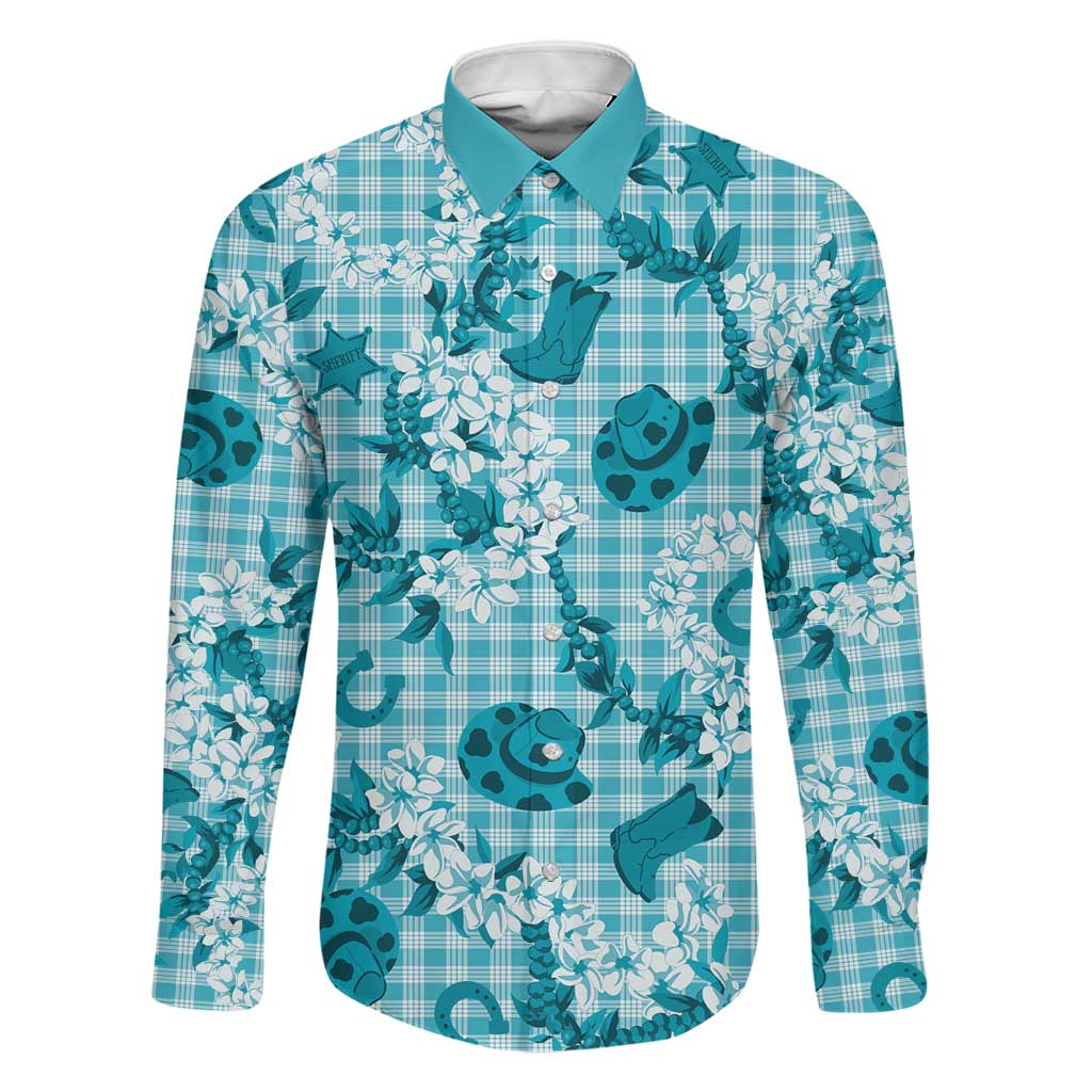 Mokihana Maile Ilima Leis Paniolo Palaka Family Matching Summer Maxi Dress and Hawaiian Shirt Hawaiian Polu Opa Spirit LT9 Dad's Shirt - Long Sleeve Turquoise - Polynesian Pride