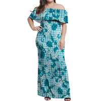 Mokihana Maile Ilima Leis Paniolo Palaka Off Shoulder Maxi Dress Hawaiian Polu Opa Spirit LT9 Women Turquoise - Polynesian Pride