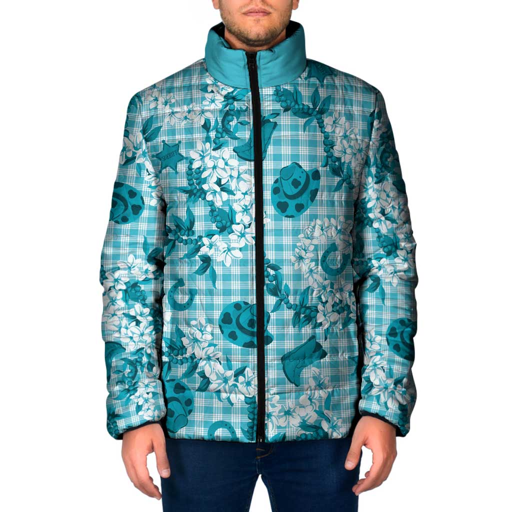 Mokihana Maile Ilima Leis Paniolo Palaka Padded Jacket Hawaiian Polu Opa Spirit LT9 Men Turquoise - Polynesian Pride