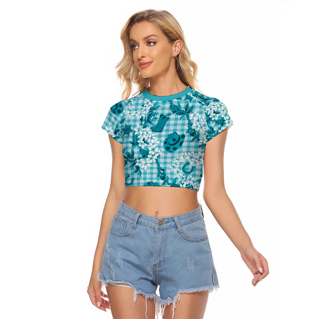 Mokihana Maile Ilima Leis Paniolo Palaka Raglan Cropped T Shirt Hawaiian Polu Opa Spirit LT9 Female Turquoise - Polynesian Pride