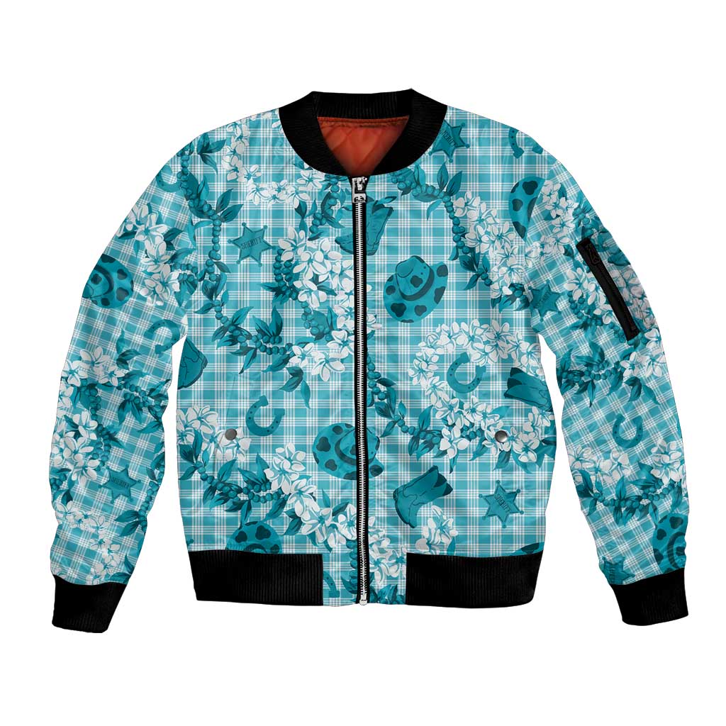Mokihana Maile Ilima Leis Paniolo Palaka Sleeve Zip Bomber Jacket Hawaiian Polu Opa Spirit LT9 Unisex Turquoise - Polynesian Pride