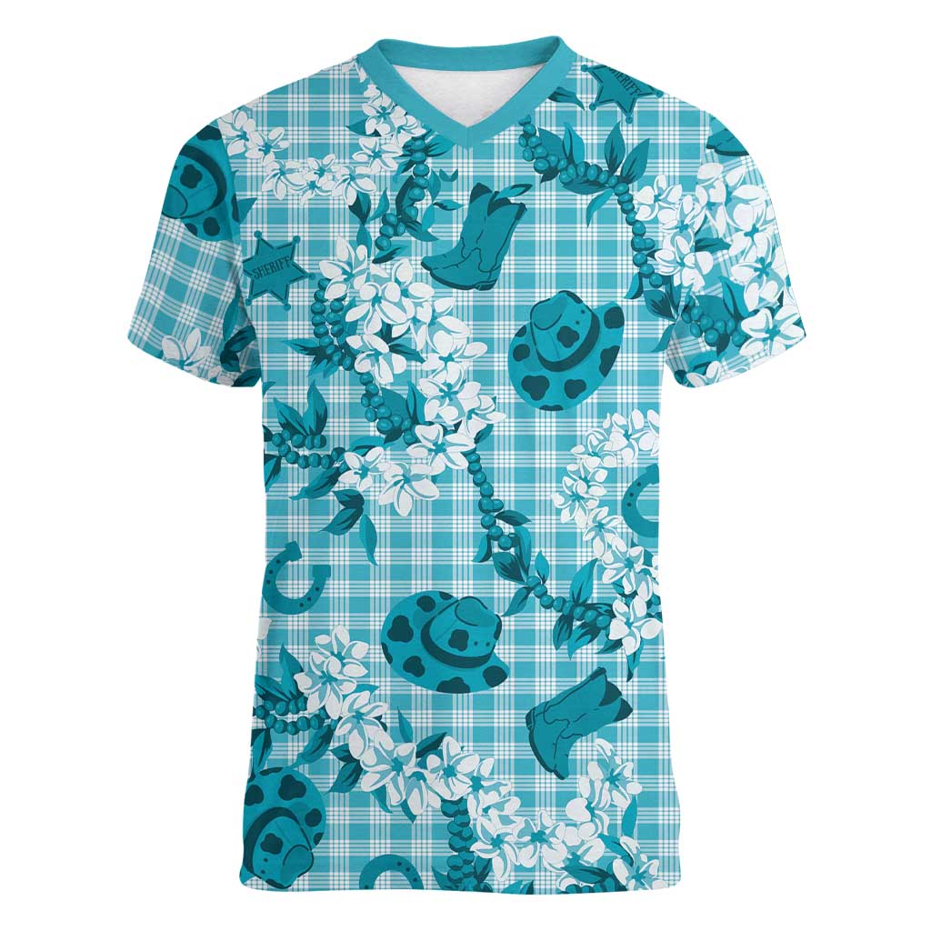 Mokihana Maile Ilima Leis Paniolo Palaka Women V-Neck T-Shirt Hawaiian Polu Opa Spirit LT9 Female Turquoise - Polynesian Pride
