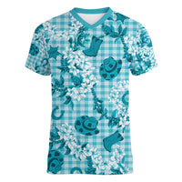 Mokihana Maile Ilima Leis Paniolo Palaka Women V-Neck T-Shirt Hawaiian Polu Opa Spirit - Polynesian Pride