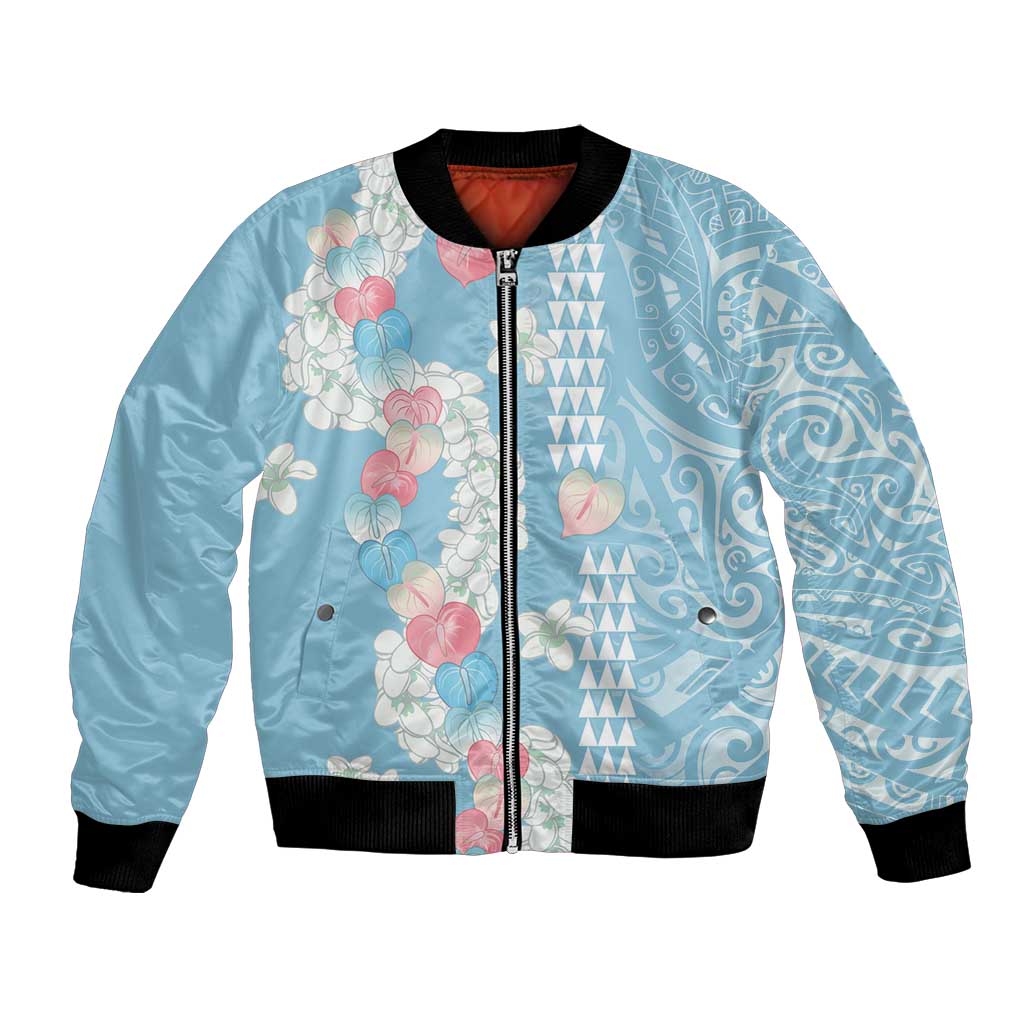 Blue Hawaii Anthurium Plumeria Lei Bomber Jacket LT9 Unisex Blue - Polynesian Pride