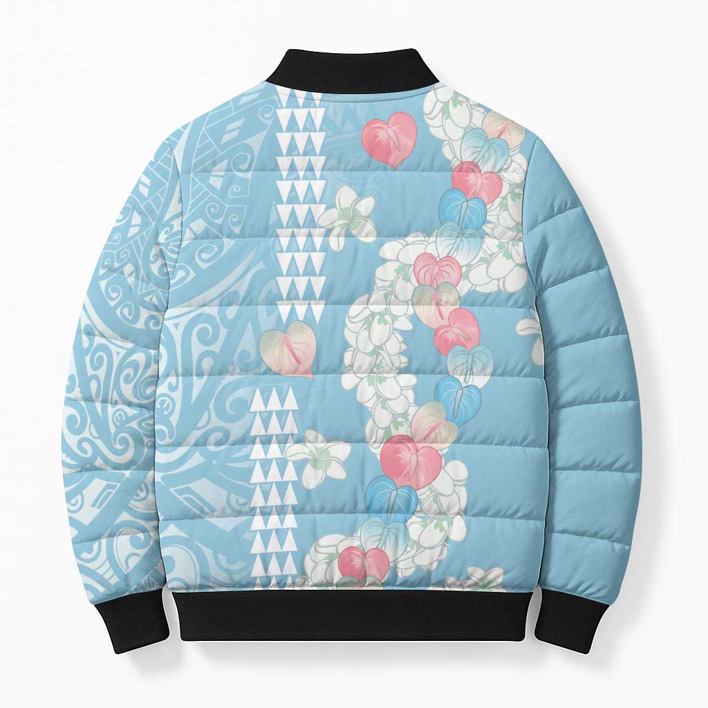 Blue Hawaii Anthurium Plumeria Lei Bomber Puffer Jacket