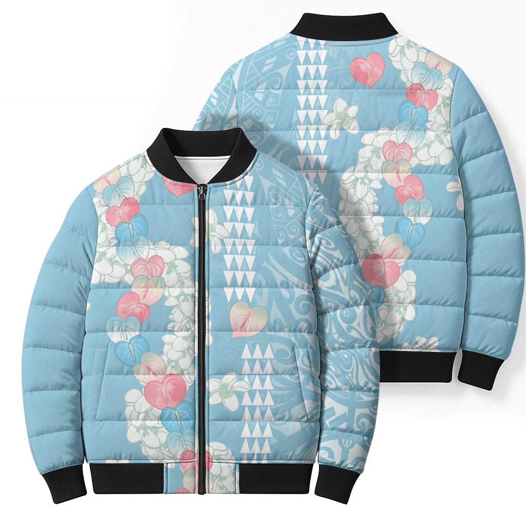 Blue Hawaii Anthurium Plumeria Lei Bomber Puffer Jacket