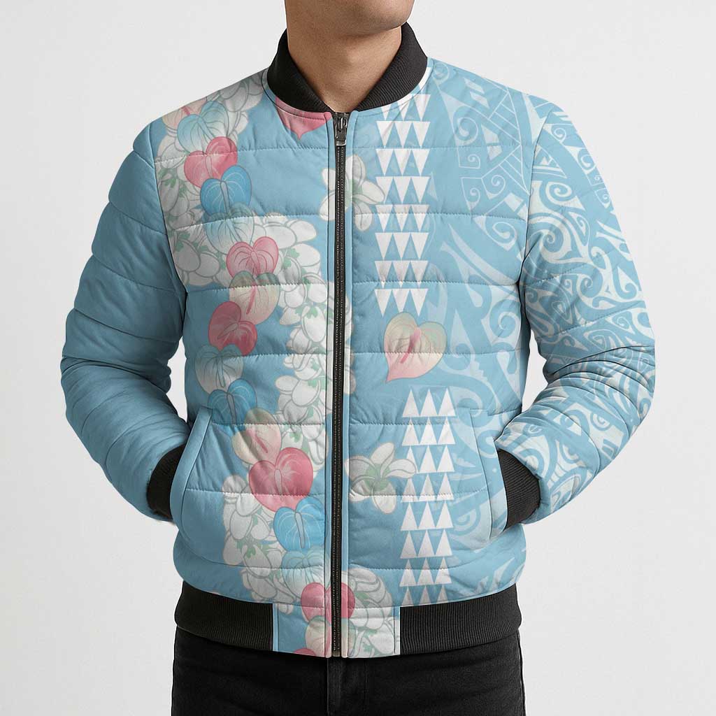 Blue Hawaii Anthurium Plumeria Lei Bomber Puffer Jacket