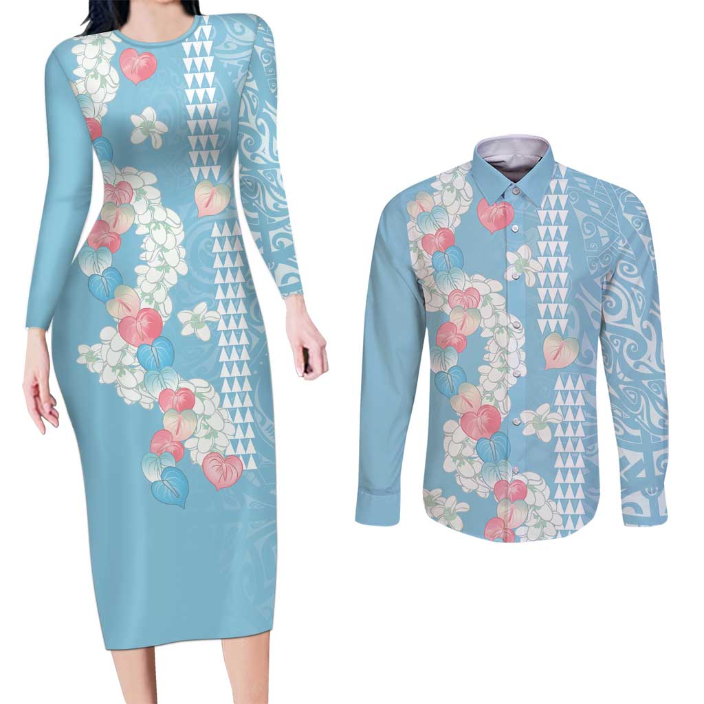 Blue Hawaii Anthurium Plumeria Lei Couples Matching Long Sleeve Bodycon Dress and Long Sleeve Button Shirt