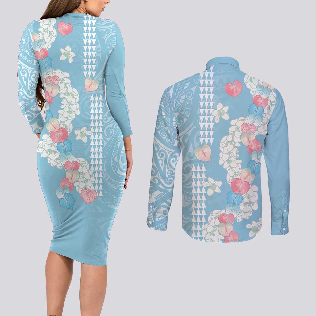 Blue Hawaii Anthurium Plumeria Lei Couples Matching Long Sleeve Bodycon Dress and Long Sleeve Button Shirt