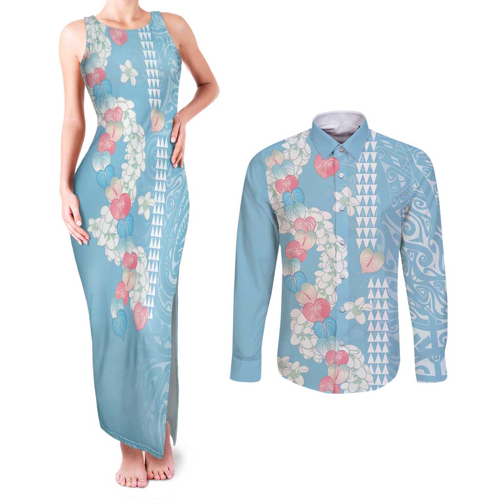 Blue Hawaii Anthurium Plumeria Lei Couples Matching Tank Maxi Dress and Long Sleeve Button Shirt LT9 Blue - Polynesian Pride