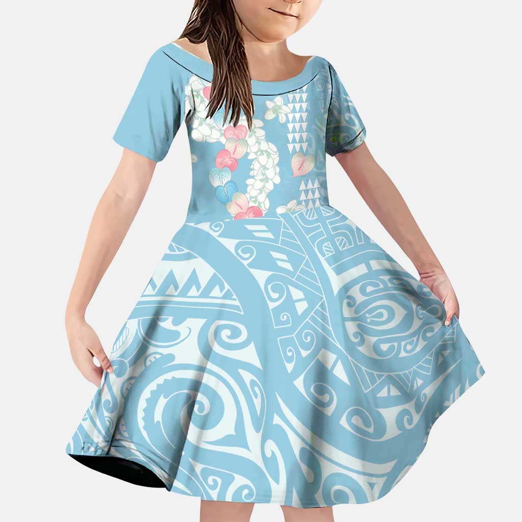 Blue Hawaii Anthurium Plumeria Lei Family Matching Off Shoulder Short Dress and Hawaiian Shirt