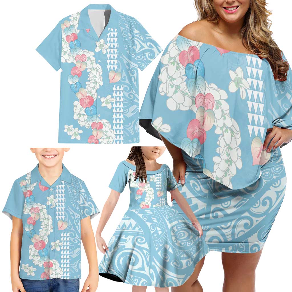 Blue Hawaii Anthurium Plumeria Lei Family Matching Off Shoulder Short Dress and Hawaiian Shirt