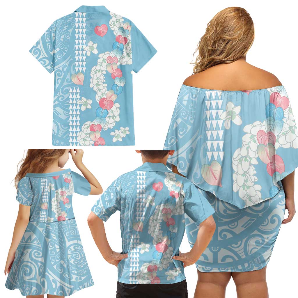 Blue Hawaii Anthurium Plumeria Lei Family Matching Off Shoulder Short Dress and Hawaiian Shirt