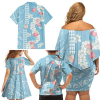 Blue Hawaii Anthurium Plumeria Lei Family Matching Off Shoulder Short Dress and Hawaiian Shirt