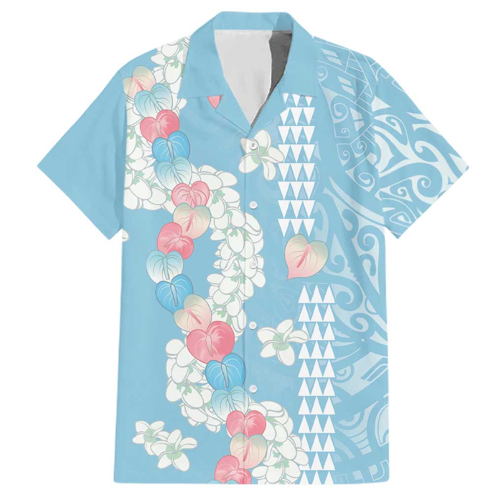 Blue Hawaii Anthurium Plumeria Lei Family Matching Off Shoulder Short Dress and Hawaiian Shirt