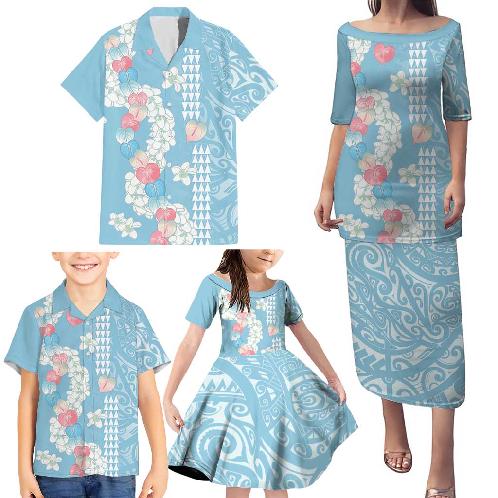 Blue Hawaii Anthurium Plumeria Lei Family Matching Puletasi and Hawaiian Shirt LT9 - Polynesian Pride