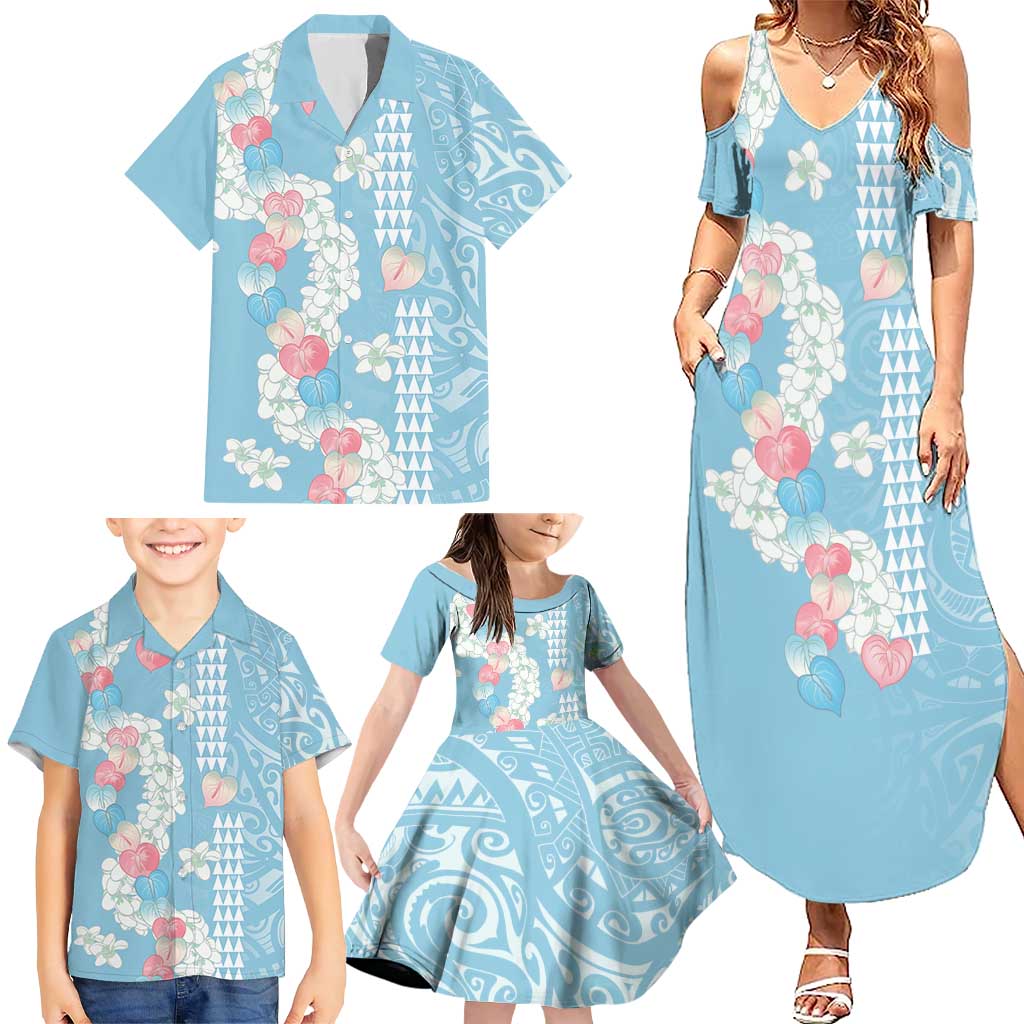 Blue Hawaii Anthurium Plumeria Lei Family Matching Summer Maxi Dress and Hawaiian Shirt