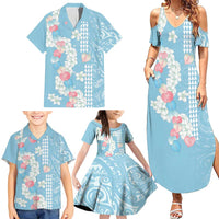 Blue Hawaii Anthurium Plumeria Lei Family Matching Summer Maxi Dress and Hawaiian Shirt